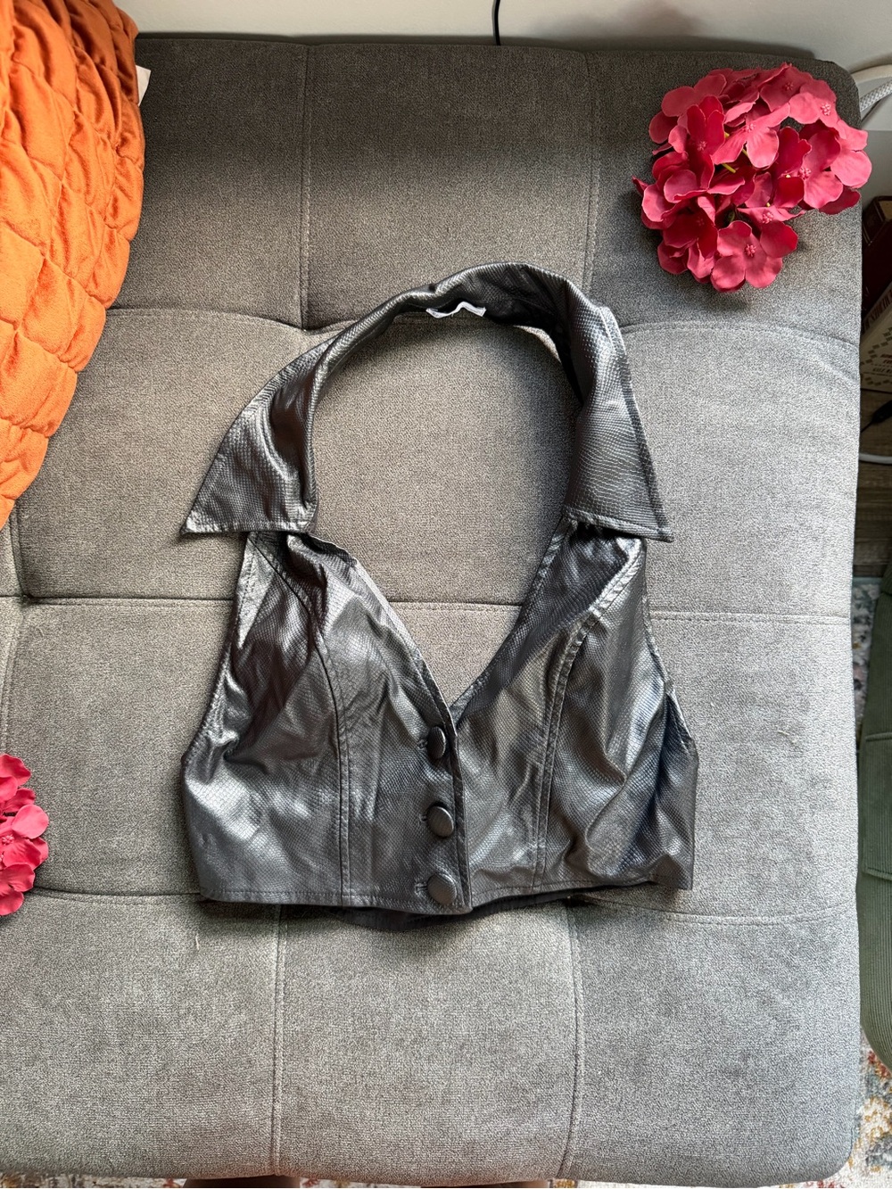 DANIELLE BERNSTEIN Black Faux Leather Halter Button Crop Top